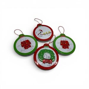 Set of 4 Peanuts Christmas cookie tin storage ornaments Snoopy & Woodstock 5"